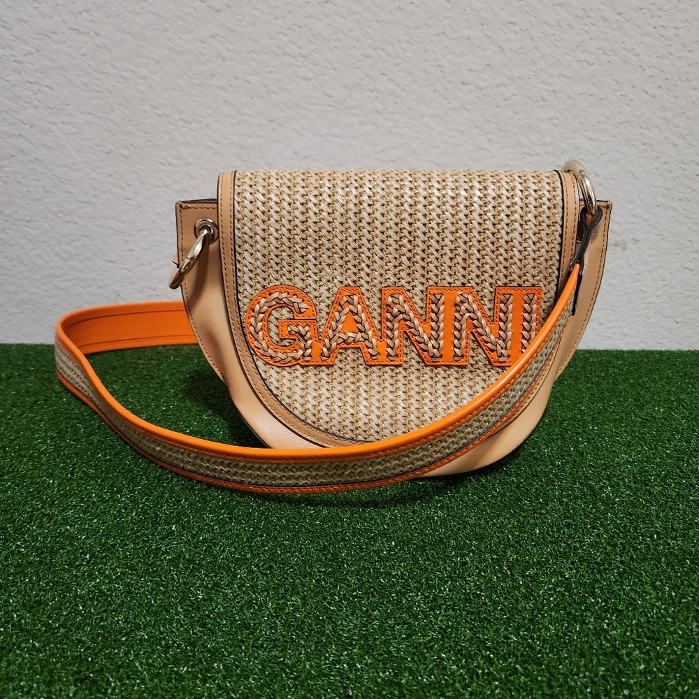 Ganni Banner Saddle Raffia Shoulder Bag in Tan/Orange